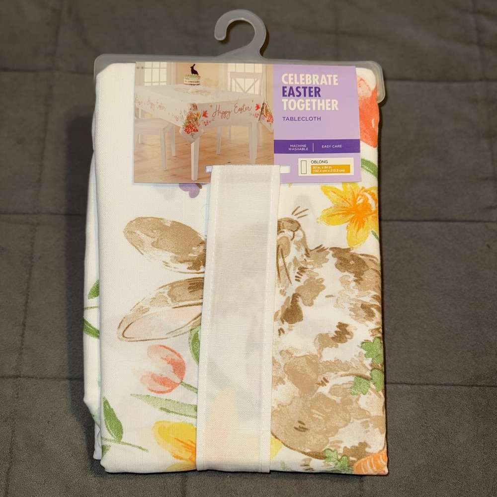 Easter Fabric TableCloth 60" x 84" Oblong Bunny Rabbit Floral Spring Time Decor